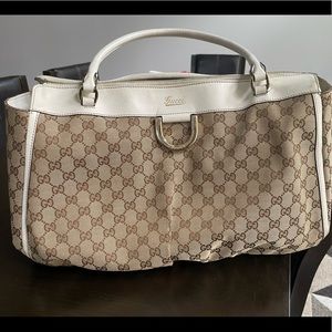 Authentic GUCCI GG D GOLD Shoulder Tote Bag Light Beige/White